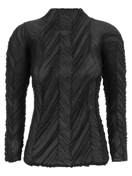 Cardigan by Issey Miyake for women in polyester black & patterned showcases a luxurious silhouette, meticulously detailed with a sophisticated high-neck neckline and long-sleeve for a refined finish.