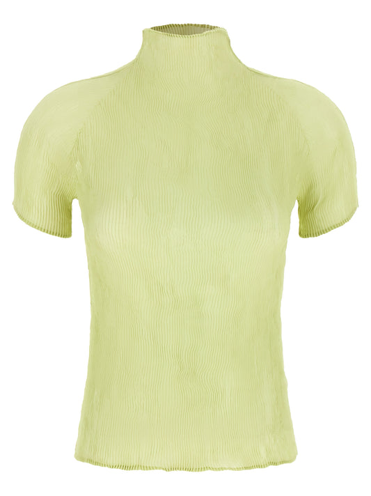 T-Shirt by Issey Miyake for women in polyester chiffon bicolour, lime-green & transparent showcases a chic silhouette, artfully detailed with a chic high-neck neckline and short-sleeve for a chic finish.