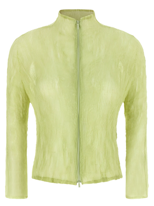 Cardigan by Issey Miyake for women in chiffon & polyester bicolour, green & transparent features an impeccable silhouette, showcasing a sophisticated high-neck neckline and long-sleeve detail for a truly impeccable finish.