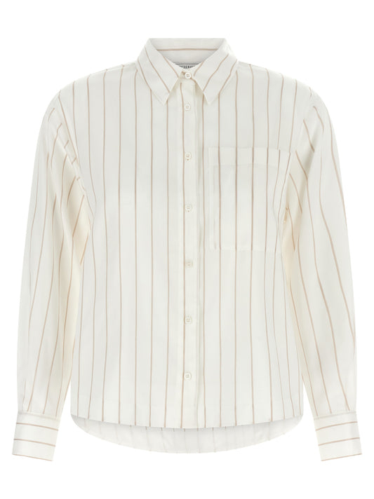 Blouse by Peserico for women in silk & lyocell beige, white, patterned & striped showcases a sharp silhouette, elegantly detailed with a sharp and sharp long-sleeve.