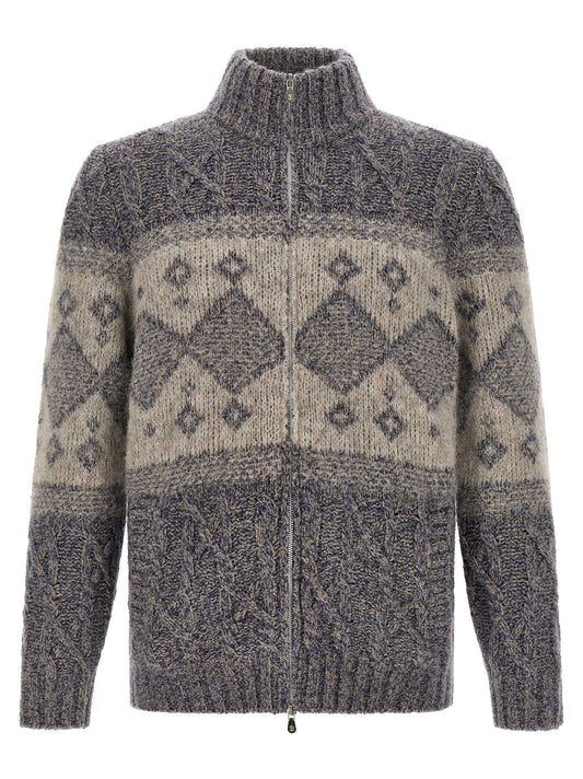 Cardigan by Brunello Cucinelli for men in silk virgin cashmere wool gray & patterned features a nuanced silhouette with a refined and nuanced detailing for a sophisticated look.