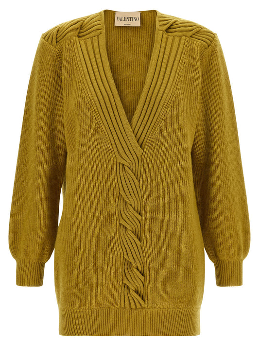 Cardigan by Valentino Garavani for women in virgin wool multicolor, mustard, yellow & patterned presents a textural silhouette, artfully finished with a textural v-neck neckline and for a sophisticated, textural look.