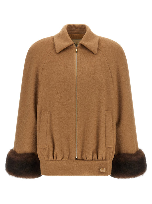 Bomber Jacket by Valentino Garavani for women in lamb shearling brown, camel & gold presents a effortlessly chic silhouette, showcasing a sophisticated and premium pockets for a truly effortlessly chic finish.
