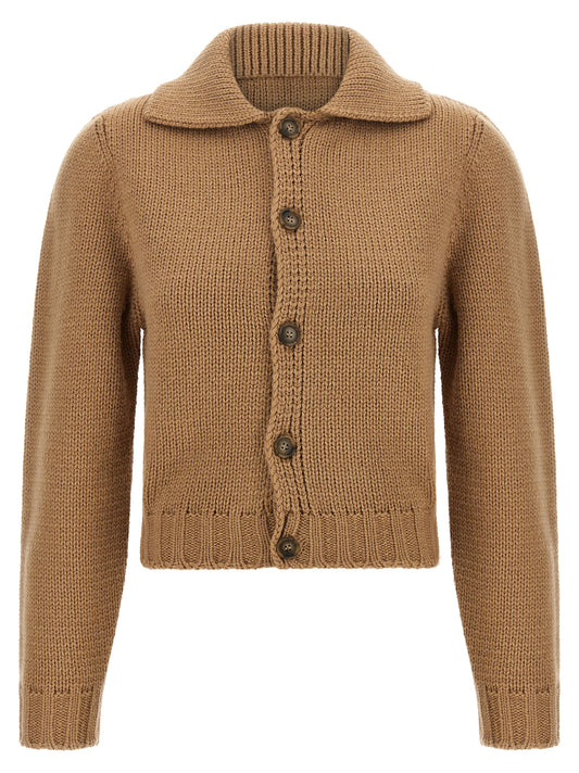 Cardigan by MM6 Maison Margiela for women in plush wool acrylic beige, camel & white features a nuanced silhouette with a refined and nuanced detailing for a sophisticated look.