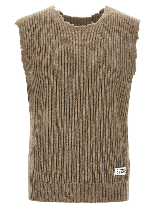 Sweater by MM6 Maison Margiela for men in polyamide wool beige, white & signature showcases a discreet silhouette, finished with a discreet and sleeveless for a discreet look.