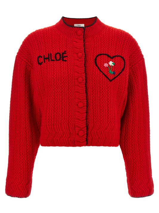 Cardigan by Chloé for women in cashmere black, red & floral features a nuanced silhouette with a refined and nuanced detailing for a sophisticated look.