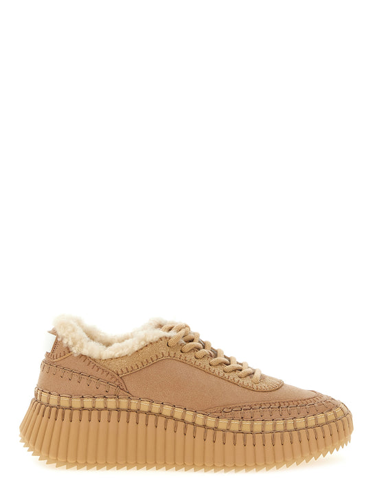 Sneakers by Chloé for women in plush goat & lambskin leather beige & signature features an fashionable silhouette, showcasing the premium Women's Chunky Plush Goat & Lambskin Leather Sneakers in a fashionable chunky style that offers a fashionable finish for refined style.