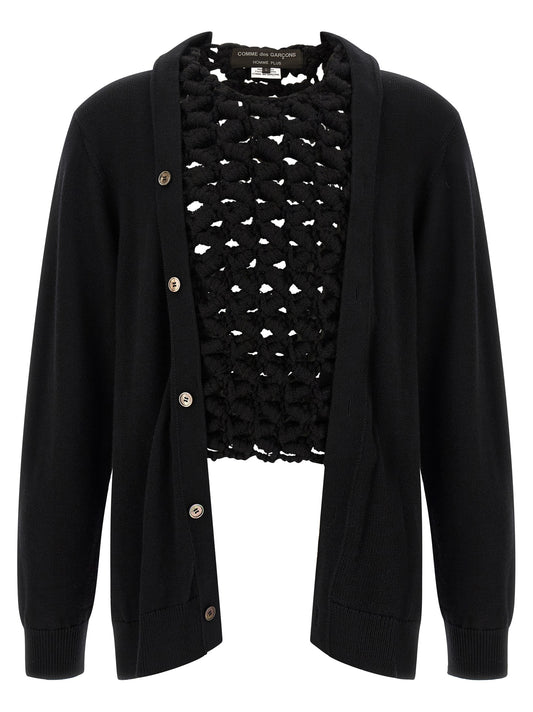 Cardigan by Comme Des Garçons for men in wool black features a nuanced silhouette with a refined v-neck neckline and nuanced detailing for a sophisticated look.