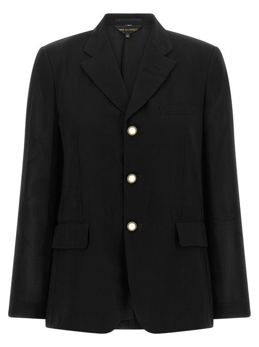 This Blazer by Comme Des Garçons for women in polyester black, pearl & transparent presents a tailored silhouette, meticulously tailored with a tailored and distinctive for a tailored finish.