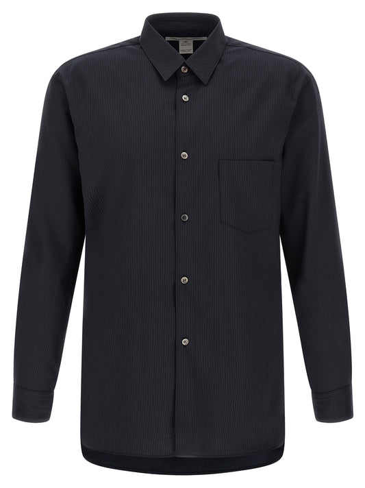 Shirt by Comme Des Garçons for men in wool & polyester blue & pinstripe showcases a sharp silhouette, elegantly detailed with a sharp and sharp .