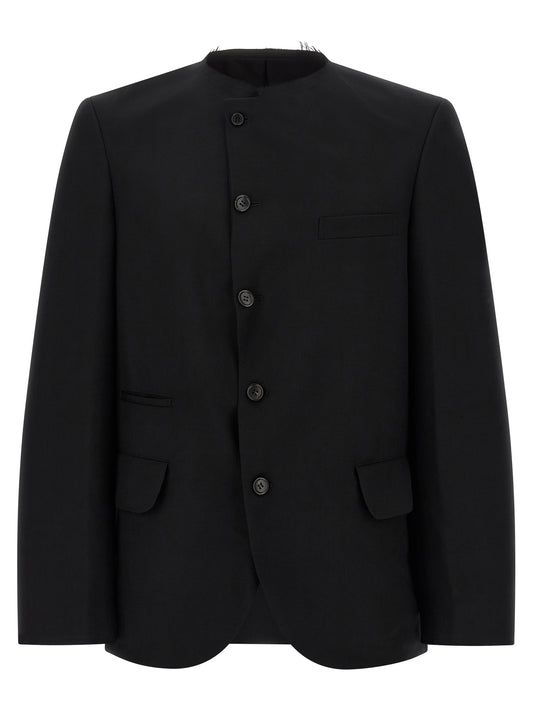 Blazer by Comme Des Garçons for men in wool black showcases a polished silhouette, highlighted by a refined and polished for a sophisticated finish.