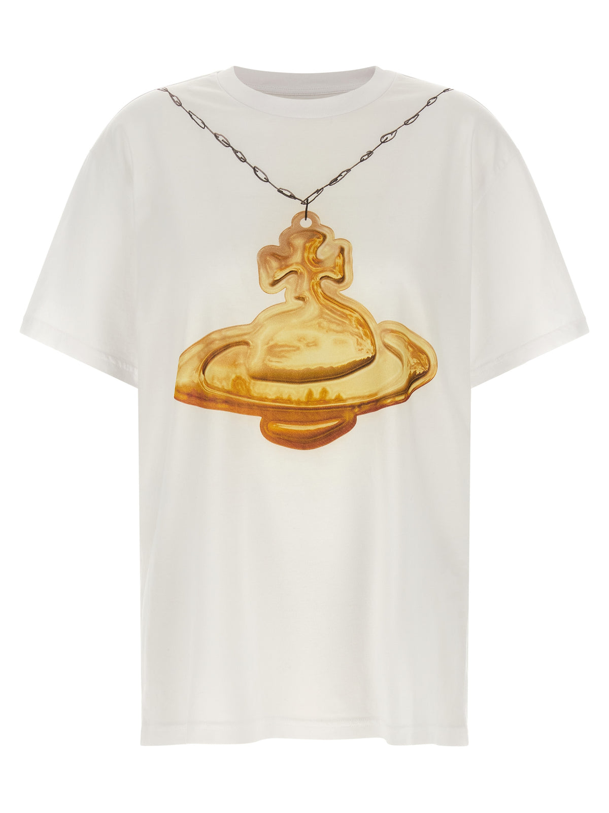 T-Shirt by Vivienne Westwood for women in cotton gold, white & print showcases a dramatic silhouette, elegantly detailed with a dramatic and short-sleeve for a truly dramatic finish.