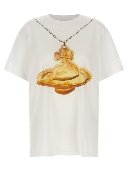 T-Shirt by Vivienne Westwood for women in cotton gold, white & print showcases a dramatic silhouette, elegantly detailed with a dramatic and short-sleeve for a truly dramatic finish.