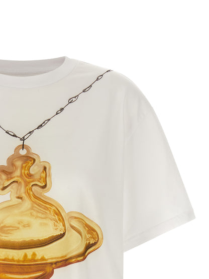 T-Shirt by Vivienne Westwood for women in cotton gold, white & print showcases a dramatic silhouette, elegantly detailed with a dramatic and for a truly dramatic finish.