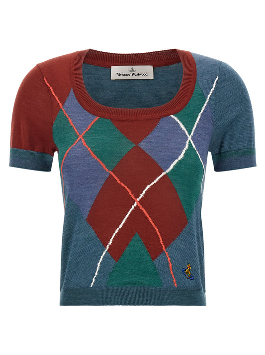 Cardigan by Vivienne Westwood for women in wool cotton blue, green, multicolor, patterned & argyle showcases a luxurious silhouette, meticulously detailed with a sophisticated round neckline and for a refined finish.