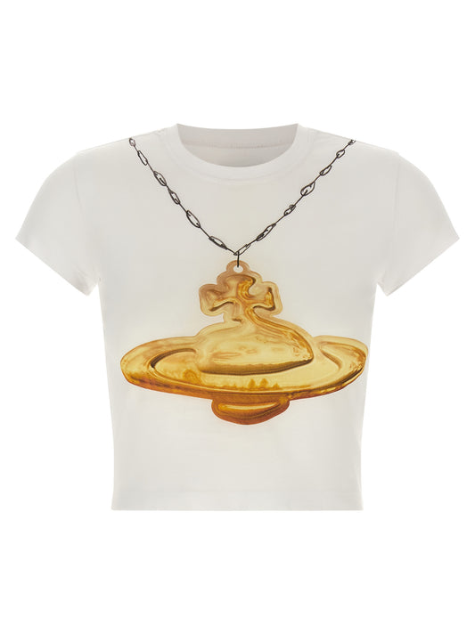 T-Shirt by Vivienne Westwood for women in cotton gold, white & print showcases a chic silhouette, artfully detailed with a chic and for a chic finish.