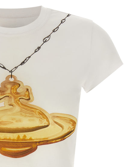 T-Shirt by Vivienne Westwood for women in cotton gold, white & print features an edgy silhouette, meticulously detailed with a sophisticated and for a truly edgy finish.