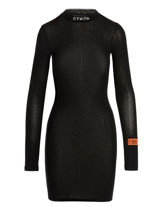 Dress by Heron Preston for women in stretch polyester cotton black & signature showcases a striking silhouette, elegantly detailed with a , refined , and a striking short mini for a striking finish.
