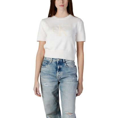 Calvin Klein Jeans Women's Crop Top Cropped Cotton Sweatshirt - Beige Signature
