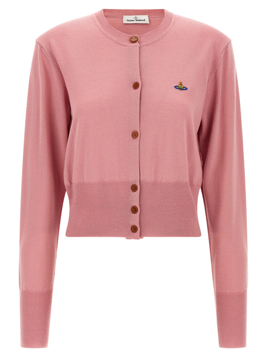 Cardigan by Vivienne Westwood for women in wool brown, multicolor & powder-pink features a dramatic silhouette, showcasing a sophisticated round neckline and dramatic detail for a timeless, premium look.