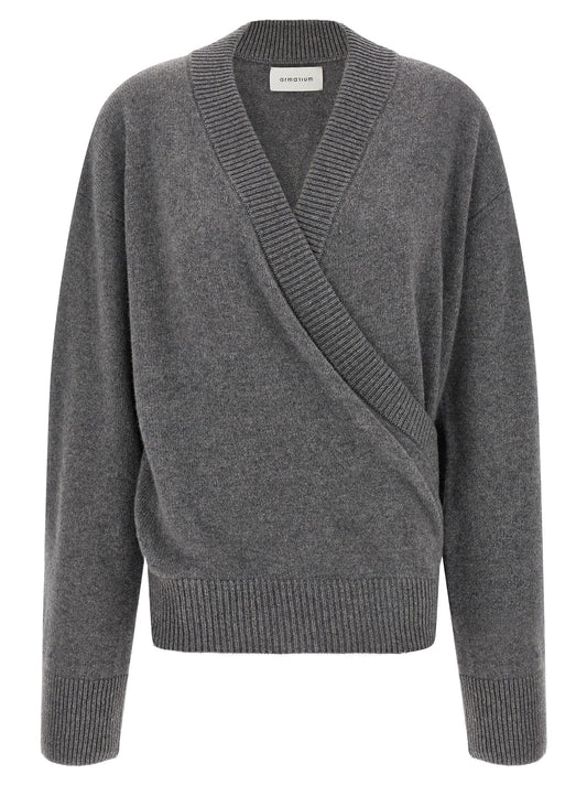 Cardigan by Armarium for women in plush cashmere wool gray showcases a luxurious silhouette, meticulously detailed with a sophisticated v-neck neckline and for a refined finish.
