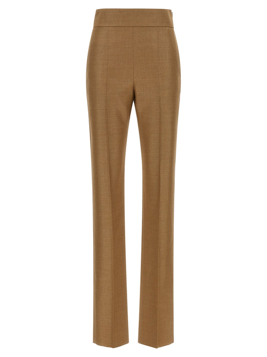 Trousers by Valentino Garavani for women in virgin wool & silk beige & camel features a tailored silhouette with a tailored straight & wide, defined by its long and a sophisticated high rise.