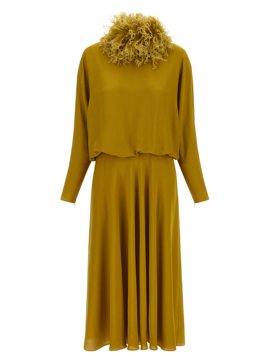 Dress by Valentino Garavani for women in silk bicolour & green presents a sinuous silhouette, showcasing a sophisticated v-neck neckline and detailed with a sinuous midi for a refined finish.