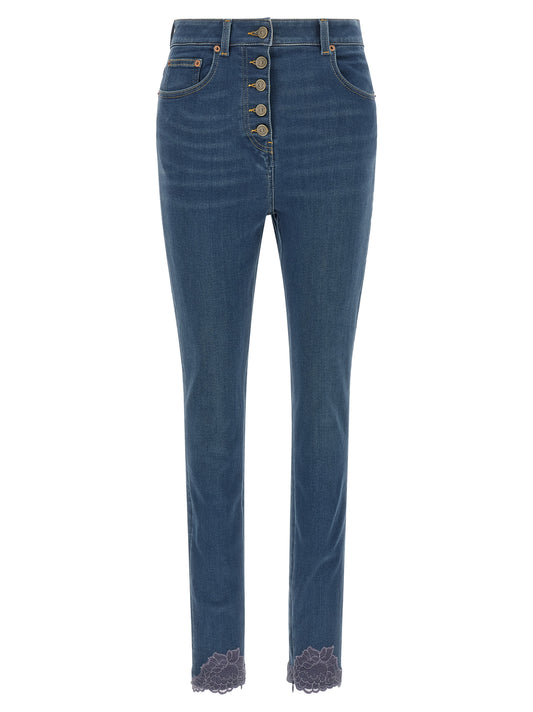 Jeans by Valentino Garavani for women in denim leather & lamb shearling blue & brown presents a tailored silhouette, showcasing a tailored and long cut with a refined high rise for a truly tailored aesthetic.