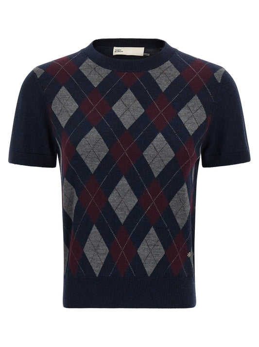 Cardigan by Tory Burch for women in merino wool burgundy, gray, navy, patterned & argyle showcases a captivating silhouette, artfully detailed with a captivating and for a truly sophisticated captivating look.