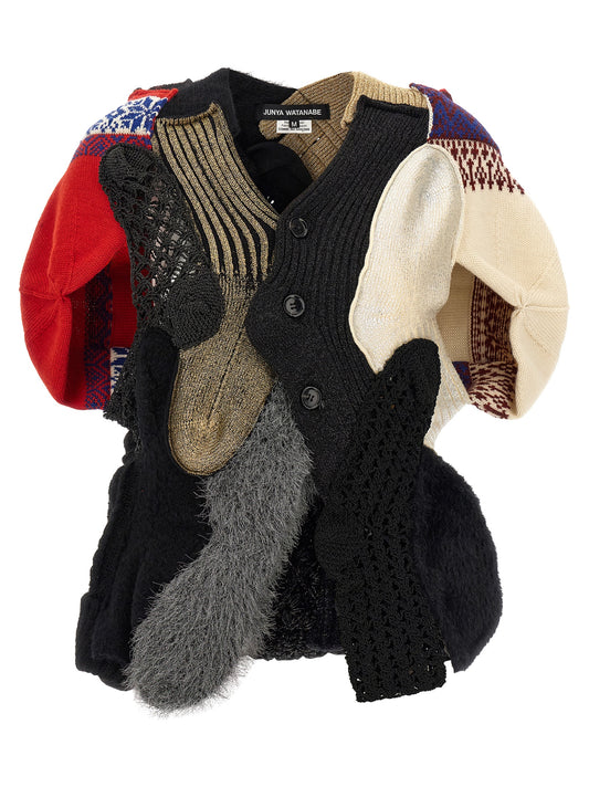 Cardigan by Junya Watanabe for women in metal nylon polyester & wool multicolor, silver, jacquard & patchwork presents a textural silhouette, artfully finished with a textural and for a sophisticated, textural look.