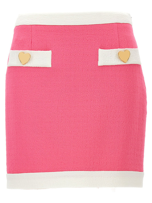 Skirt by Moschino for women in stretch viscose multicolor & pink features a captivating silhouette, showcasing the captivating Heart Women's Tailored Stretch Viscose Long Skirt design with a sophisticated long for a captivating look.