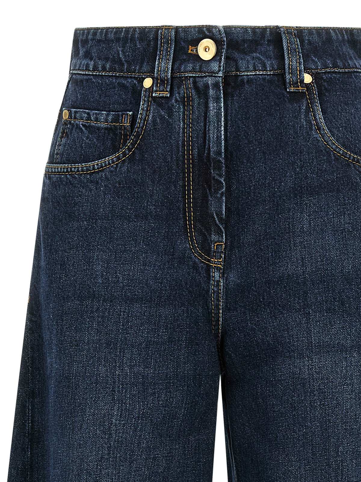 Jeans by Brunello Cucinelli for women in cotton denim blue features a polished silhouette with a polished wide, reaching a polished long and finished with a polished mid rise.