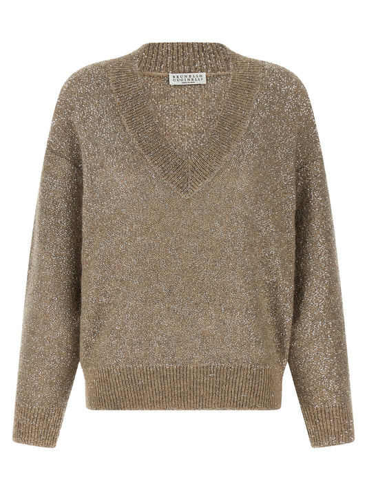 Cardigan by Brunello Cucinelli for women in mohair polyester sequins & wool beige features a nuanced silhouette with a refined v-neck neckline and nuanced detailing for a sophisticated look.