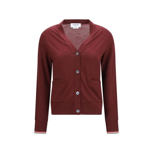 Cardigan by Thom Browne for women in merino wool bordeaux, pearl & signature features a nuanced silhouette with a refined v-neck neckline and nuanced detailing for a sophisticated look.