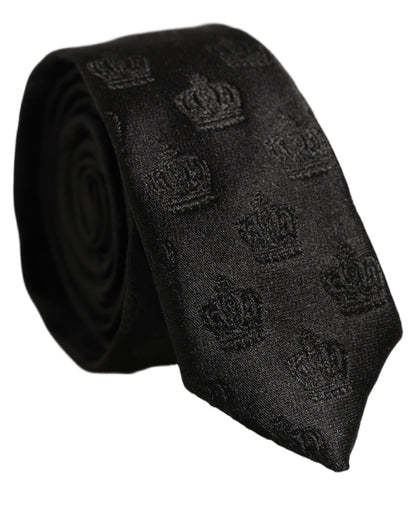 Dolce & Gabbana Men Black Crown Pattern Silk Adjustable Tied Necktie Tie