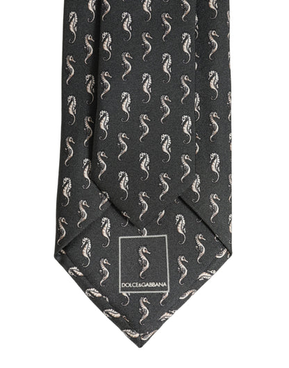 Dolce & Gabbana Men Black Seahorse Silk Adjustable Tied Necktie Tie