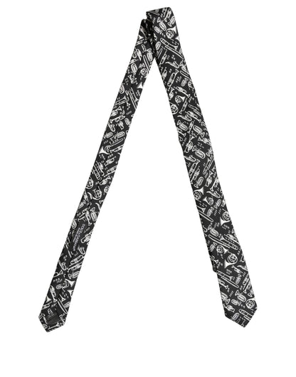 Dolce & Gabbana Black Musical Instrument Silk Adjustable Tied Necktie Tie