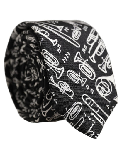 Dolce & Gabbana Black Musical Instrument Silk Adjustable Tied Necktie Tie