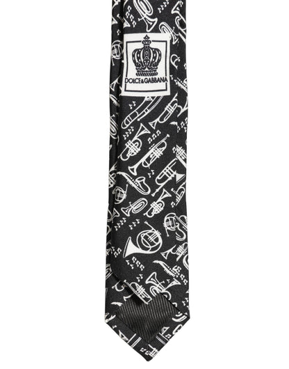 Dolce & Gabbana Black Musical Instrument Silk Adjustable Tied Necktie Tie