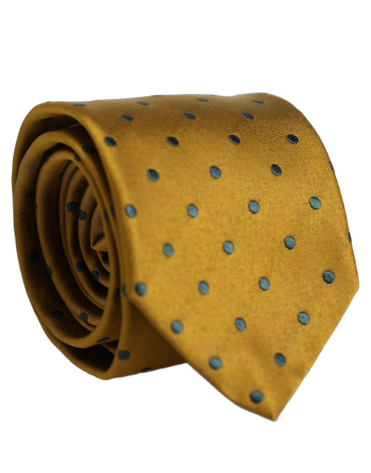 Necktie by Dolce & Gabbana for men in silk dark-blue, gold, mustard & patterned features a distinguished silhouette, artfully capturing the essence of the distinguished Silk Necktie design for a sophisticated look.