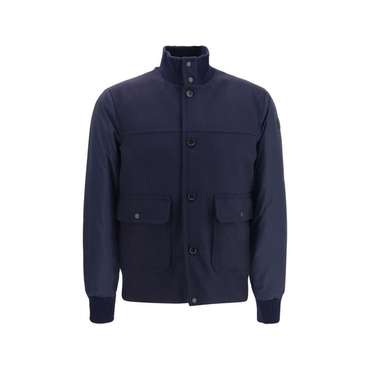 Windbreaker Jacket by Moncler for men in polyamide cashmere & merino wool blue features an enduring silhouette, showcasing technical windproof and a sophisticated for a truly enduring aesthetic.