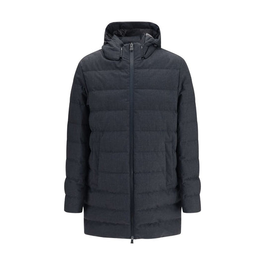 Hooded Overcoat by Herno for men in polyester gray features a cosy chic silhouette, artfully detailed with a sophisticated hooded neckline and premium pockets, hooded & insulated for a cosy chic finish.