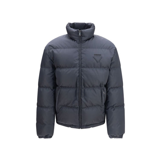 Overcoat by Prada for men in polyamide & goose-down blue & signature features a cosy chic silhouette, artfully detailed with a sophisticated high-neck neckline and premium pockets & insulated for a cosy chic finish.