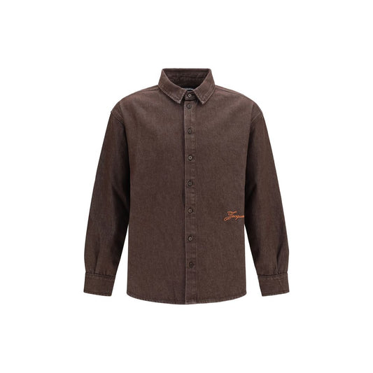 Shirt by Jacquemus for men in denim cotton brown, indigo, pearl & signature showcases a sleek silhouette, elegantly detailed with a sleek and long-sleeve for a sleek finish.