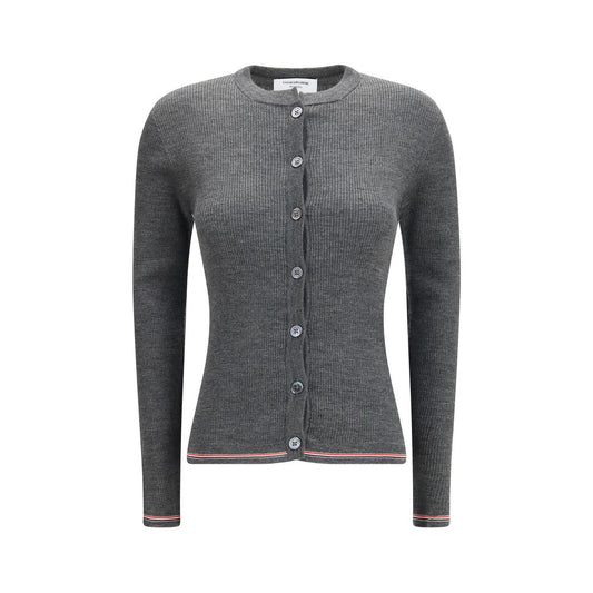 Cardigan by Thom Browne for women in merino wool gray, signature & striped presents a textural silhouette, artfully finished with a textural and for a sophisticated, textural look.