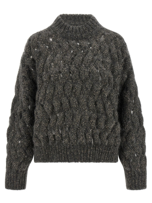 Cardigan by Brunello Cucinelli for women in mohair polyester sequins & wool gray features a dramatic silhouette, showcasing a sophisticated and dramatic long-sleeve detail for a timeless, premium look.