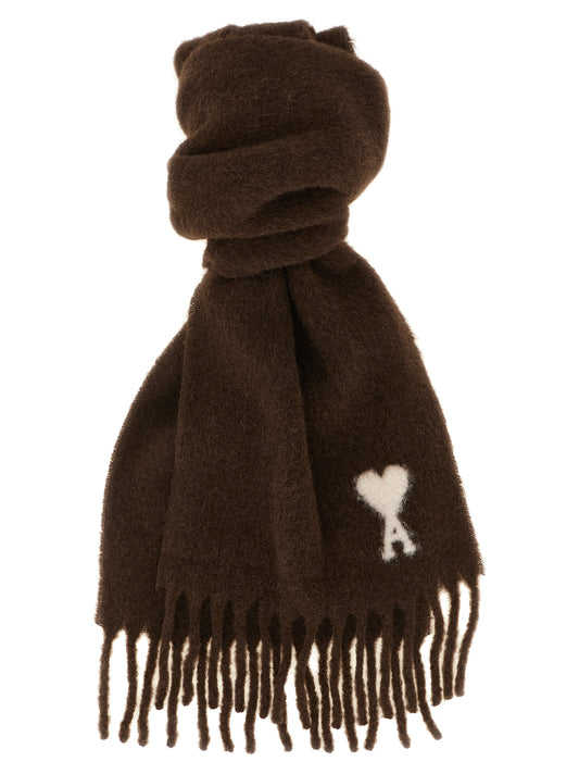 Scarf by Ami Paris for unisex in polyamide leather & alpaca wool brown & signature showcases a eye catching silhouette, artfully capturing the essence of the eye catching Polyamide Leather & Alpaca Wool Foulard Shawl Wrap Fringes Scarf design for a sophisticated look.