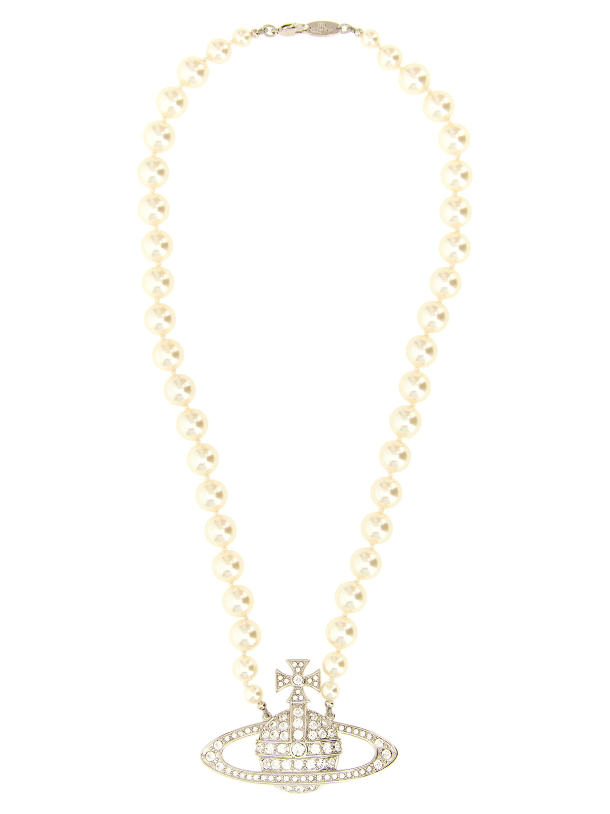 Necklace by Vivienne Westwood for women in cotton pearl & silver presents a artisanal silhouette, artfully highlighting the pendant statement necklace design and artisanal Heart Orb Women's Silver Brass & Pearls Necklace aesthetic for a sophisticated finish.