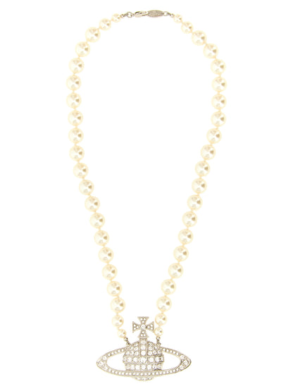 Necklace by Vivienne Westwood for women in cotton pearl & silver presents a artisanal silhouette, artfully highlighting the pendant statement necklace design and artisanal Heart Orb Women's Silver Brass & Pearls Necklace aesthetic for a sophisticated finish.
