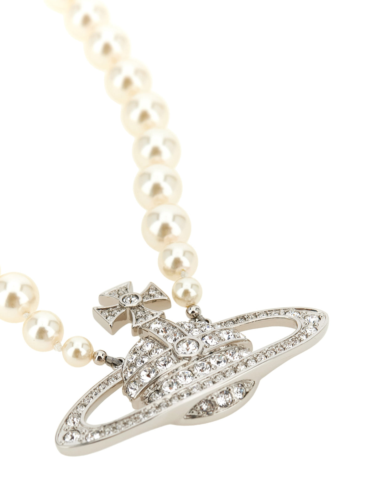Necklace by Vivienne Westwood for women in cotton pearl & silver features an resplendent silhouette, showcasing a sophisticated pendant statement necklace design from the Heart Orb Women's Silver Brass & Pearls Necklace collection for a resplendent finish.